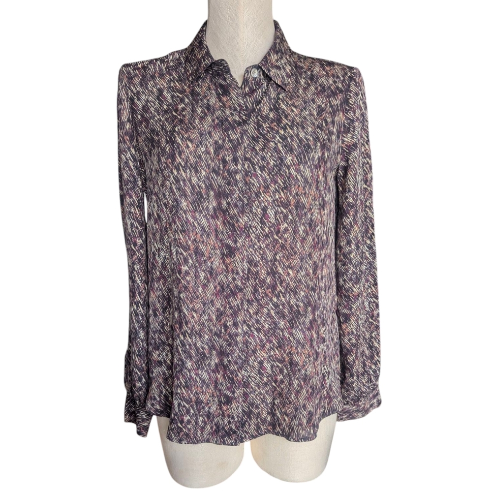 Theory 100% Silk Button Long Sleeve Abstract Stripe Blouse Shirt Medium